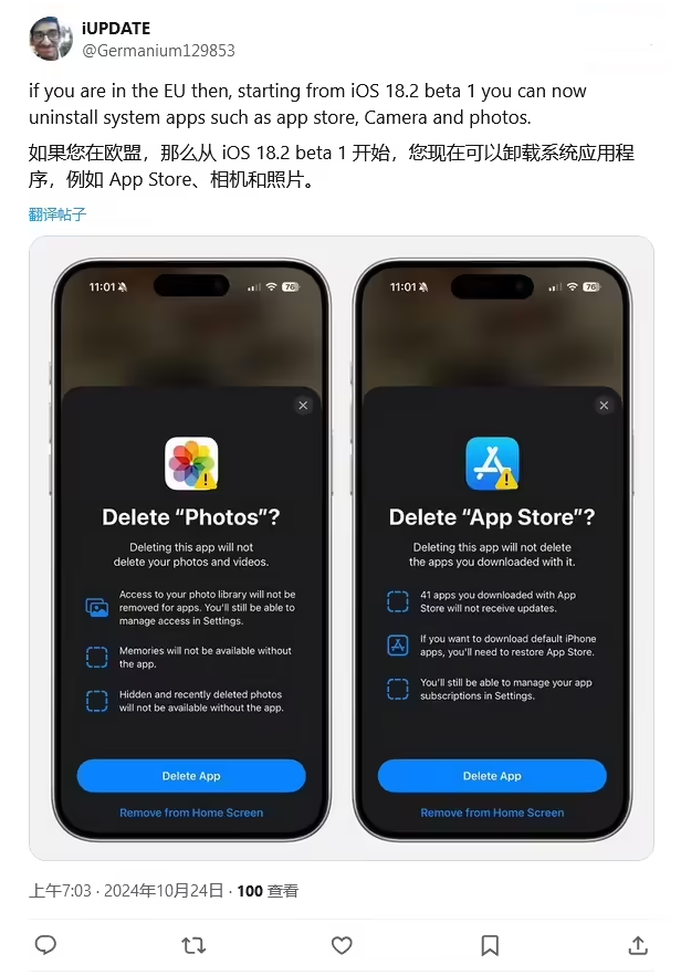 枣庄苹果手机维修分享iOS 18.2 支持删除 App Store 应用商店 